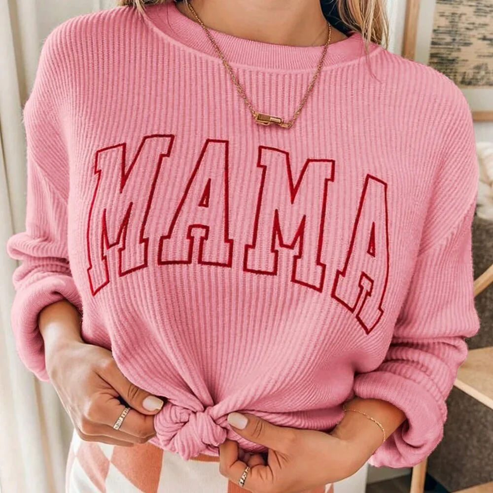 Pink Casual Loose Fit Women's Mama Embroidered Printed Sweatshirt Pullover - Picture 3 of 3